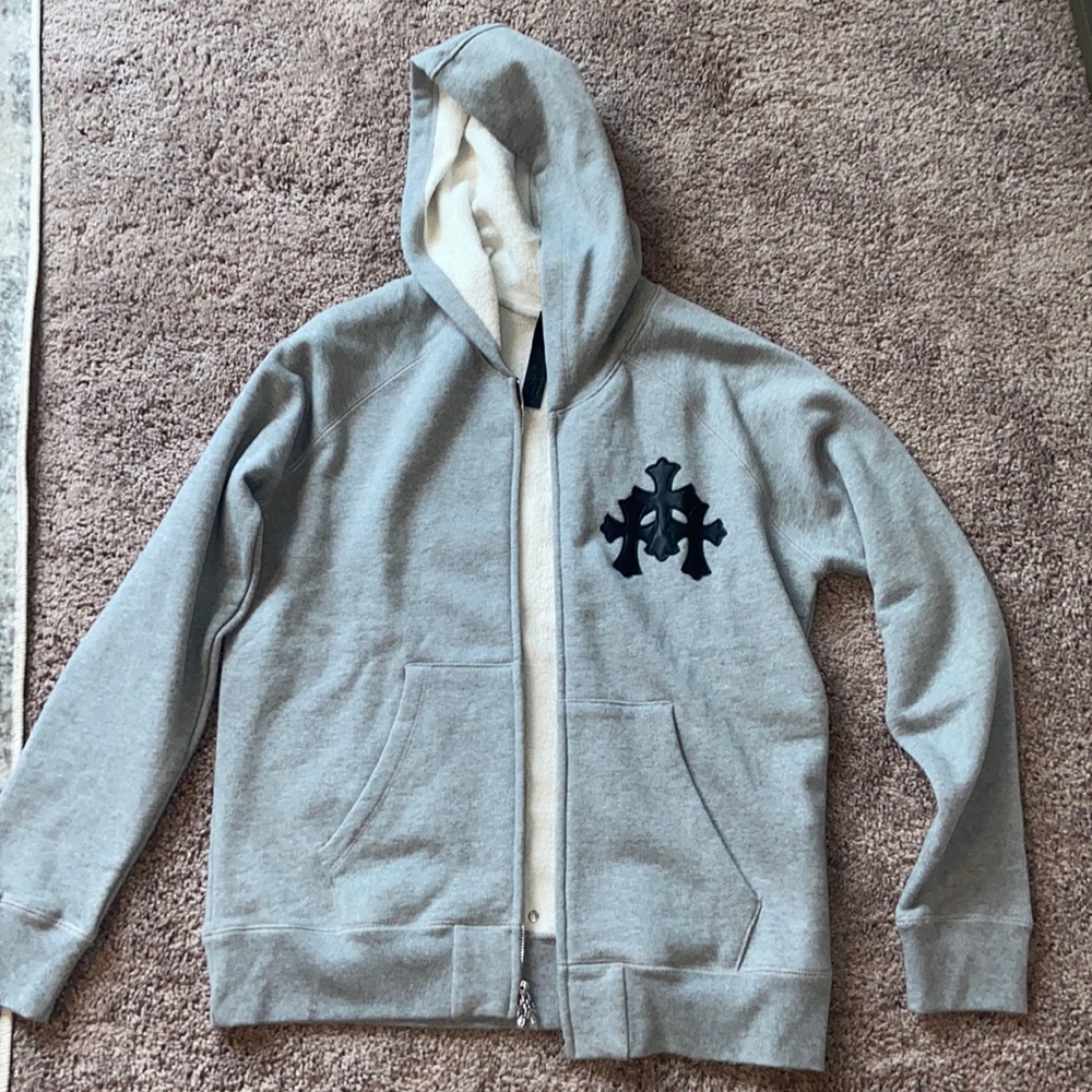 Chrome Hearts Paper Jam Triple Leather Cross Zip Up Hoodie 'Grey Heather